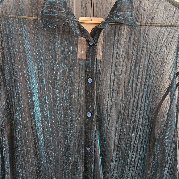 NWT SHEIN Bae Drop Shoulder Glitter See Through Mesh Button Front Shirt - Picture 9 of 14